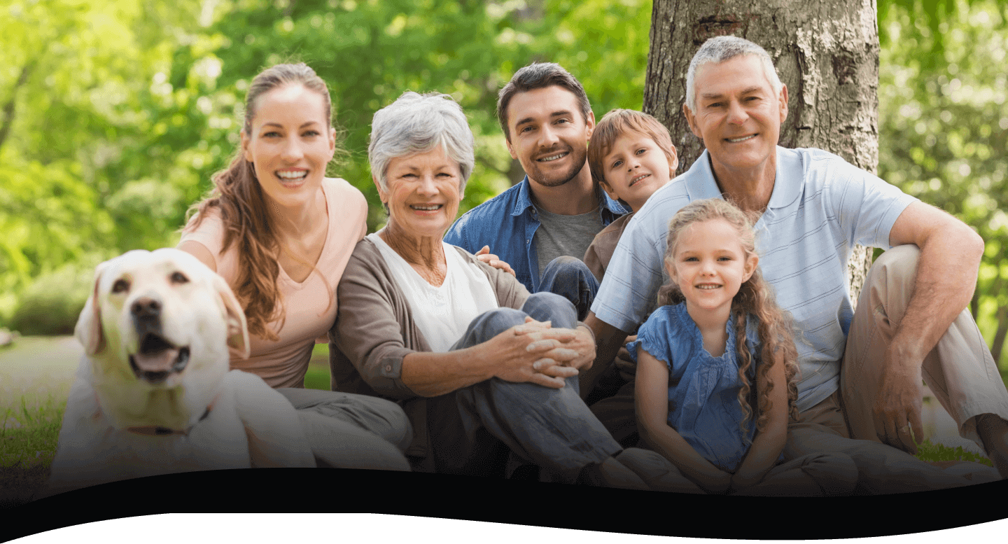 multigenerational family portrait with family dog