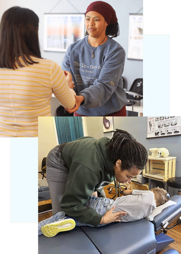 Lawrenceville Chiropractor Dr. Makeda Minott holding woman's arm and adjusting man's neck