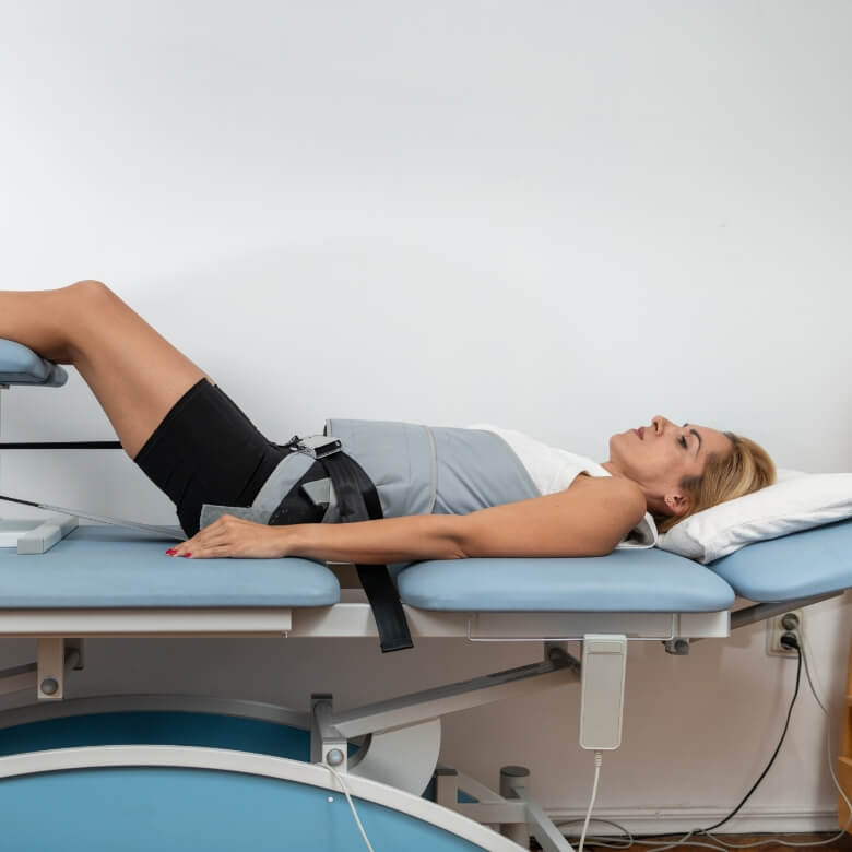 person laying on decompression table
