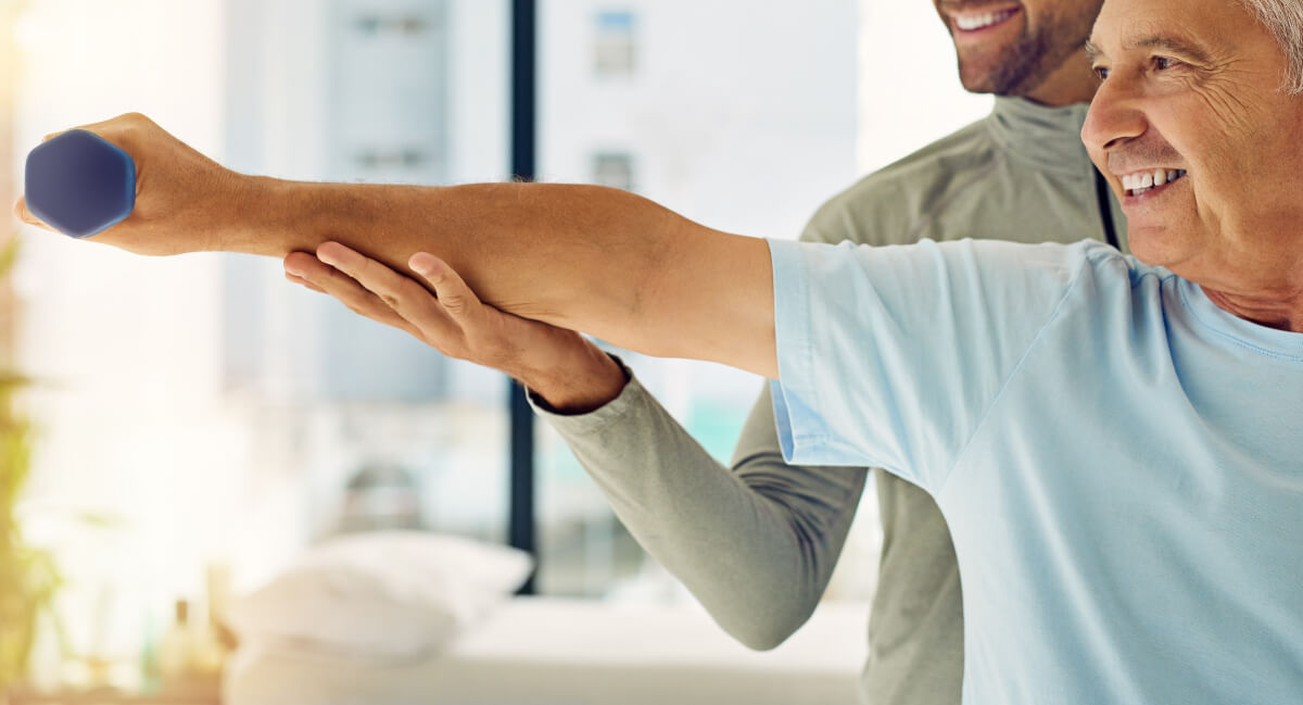 Male patient exercising his arm with stretches