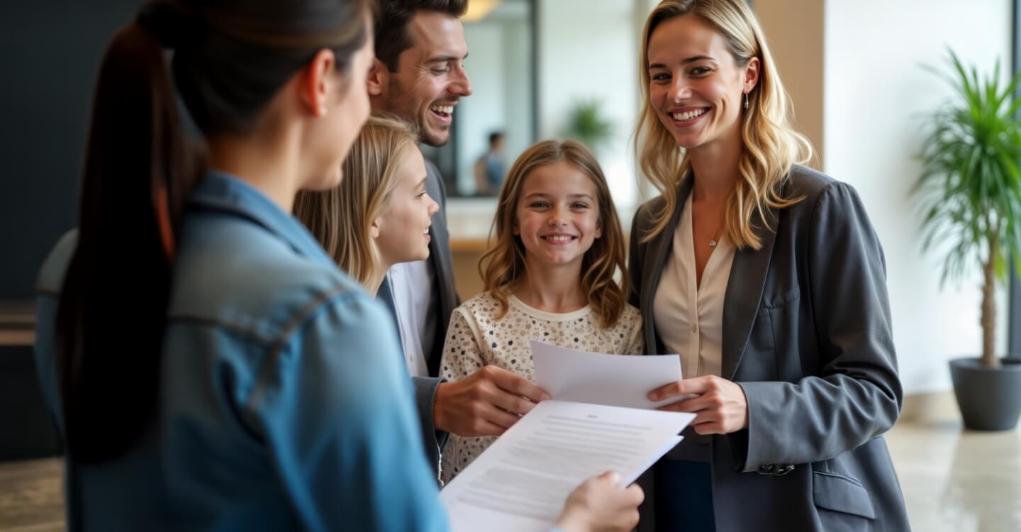 Family checking in at reception