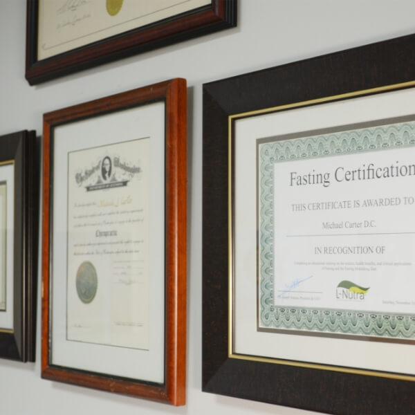 certificates on our walls at Brain Based Chiropractic Center