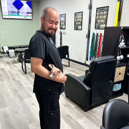 Man looking at spine model