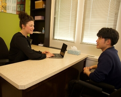 short hair staff with patient