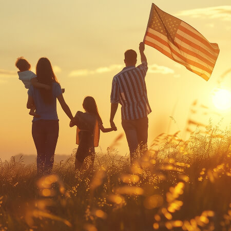 Family of four waving the USA flag