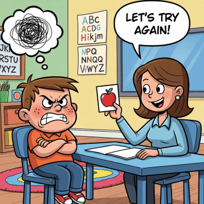 A frustrated boy and speech therapist