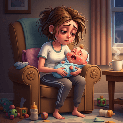 An exhausted mum and a crying baby