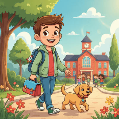 Happy animated boy with a dog