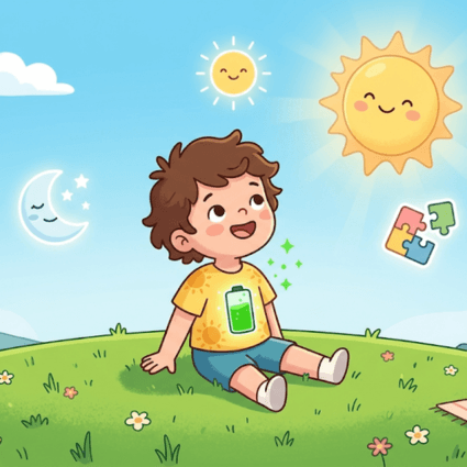 ittle boy sitting on the grass lokking up at the sun thumbnail