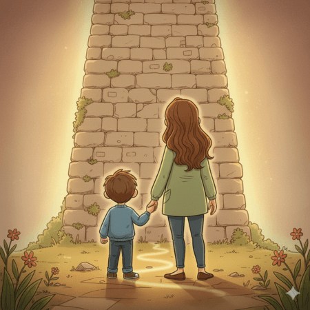 Mother and son looking at a wall