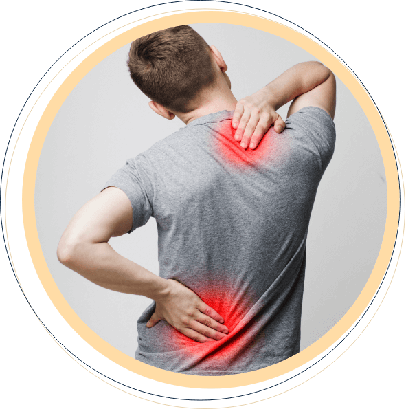 man with red circles representing back and neck pain