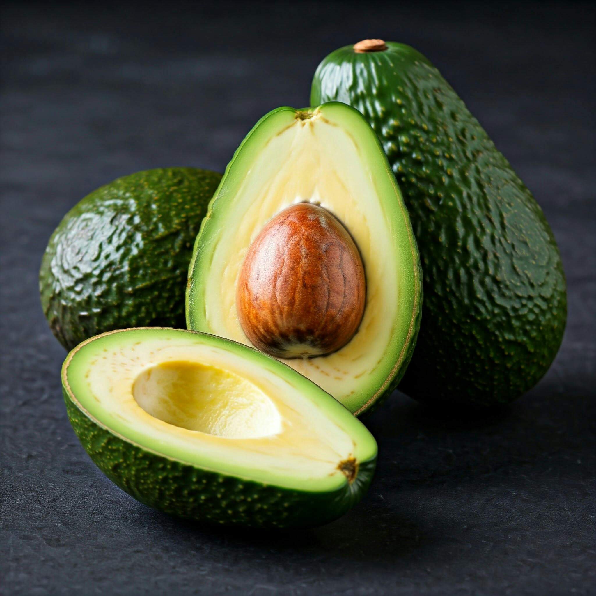 Close-up of ripe green avocados with a seed, highlighting the creamy texture and vibrant color.