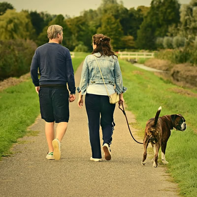 Couple walking the dog