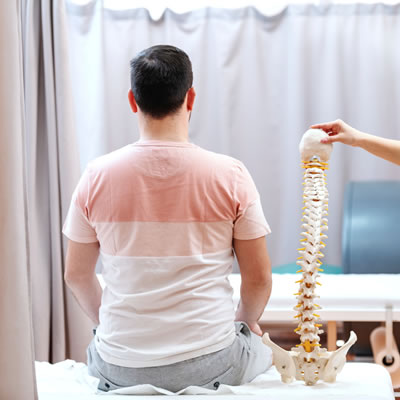 Man sitting beside spine model