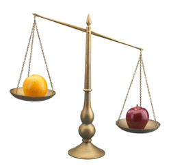 Scale weighing an apple and an orange