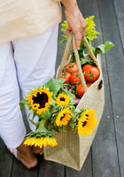 Grocery bag with tomatoes and flowers