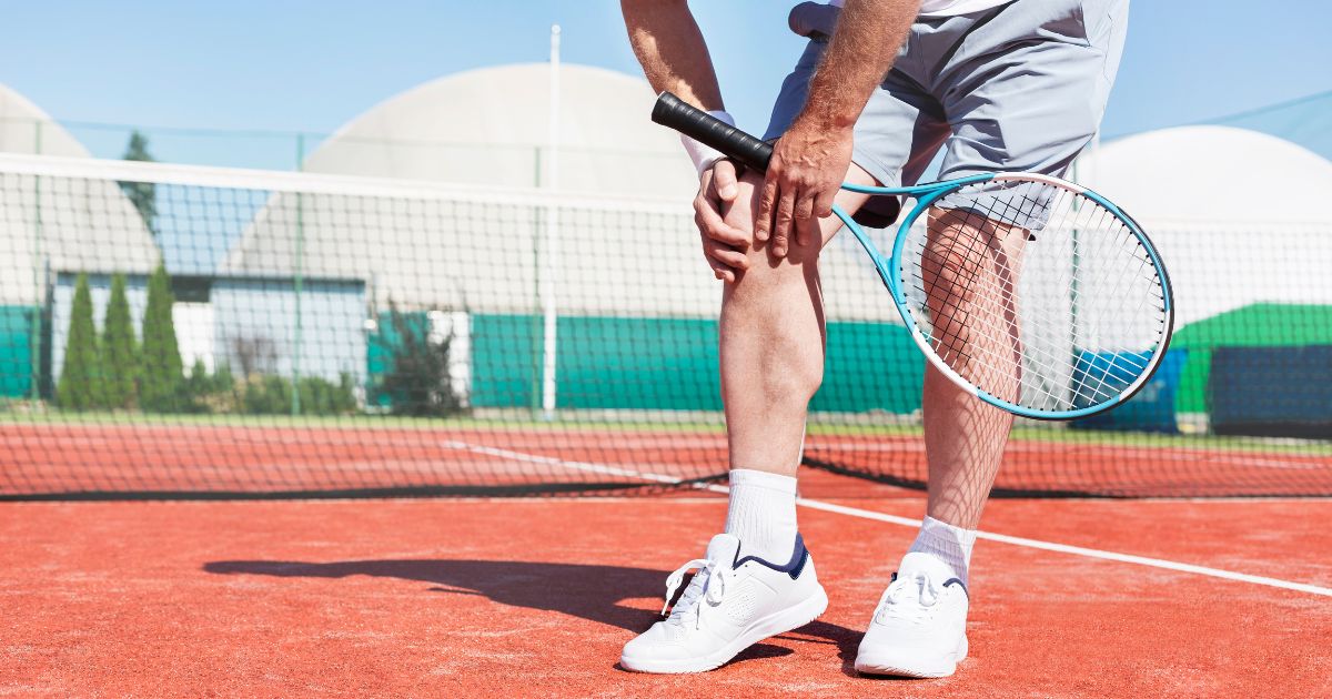 Man grabbing knee with tennis racket.