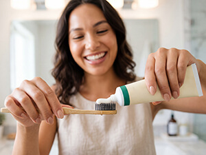 woman putting toothpaste on a toothbrush
