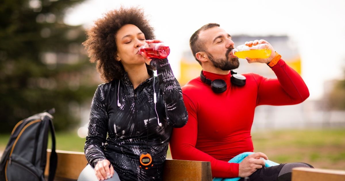 Couple drinking a sports drink.