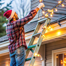 man standing on ladder putting up holiday lights