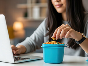 woman snacking from a small container