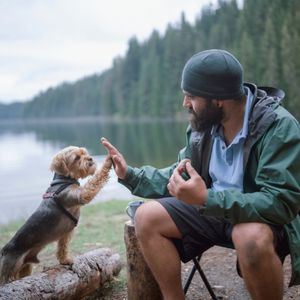 Man and dog while camping.