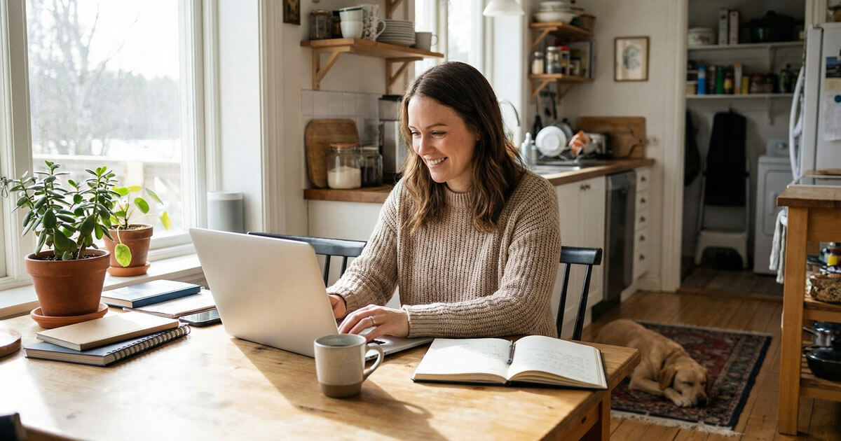 woman working at kitchen table