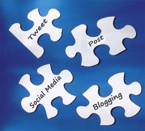 the puzzle pieces of Tweet, Post, Social Media and Blogging make up Social Media