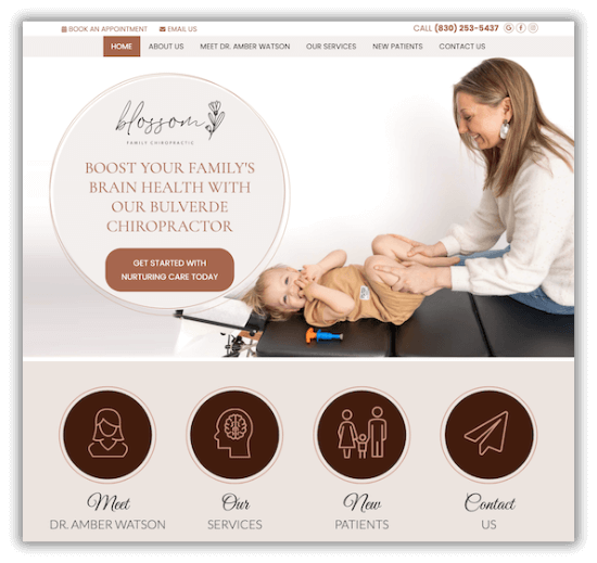 Blossom Family Chirorpactic website showing a chiropractor adjusting a toddler