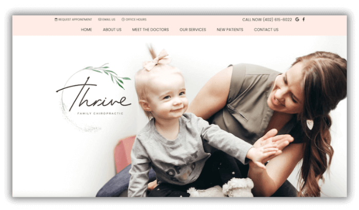Thrive Chiropractic website home page with a mother and baby