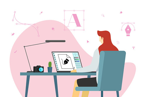 Woman graphic designer freelancer sits working at laptop in workplace. Female freelance creative specialist or advertising agency studio employee develops design layout on monitor screen vector