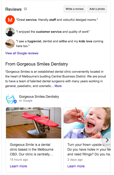 Google Posts Example Dental SEO