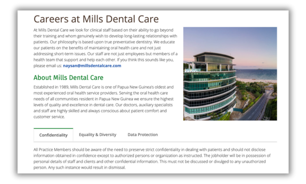 Mills Dental Care Careers Page Introduction