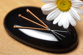 acupuncture needles on stone and a white flower