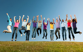 people jumping with happiness