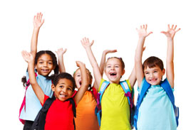 excited kids with hands up wearing backpacks