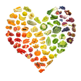 Heart made out of healthy fruits and vegetables