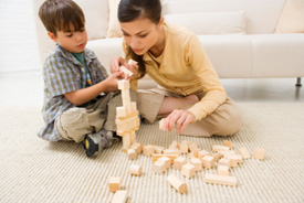 mom and son building blocks