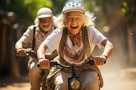 Two old people riding bicycles