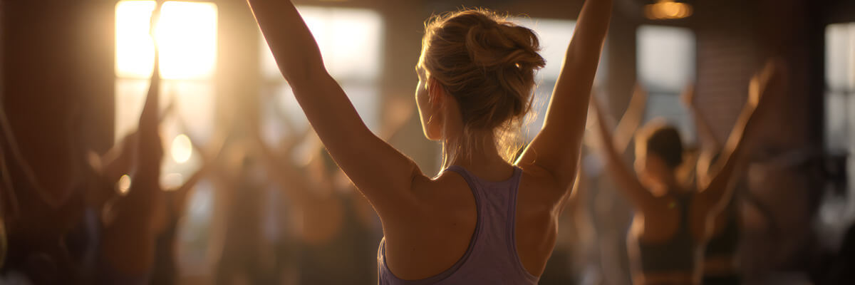 woman raising arms in exercise class