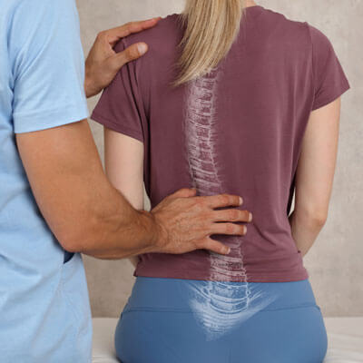 illustration of a curved spine overlaid on a girl's back
