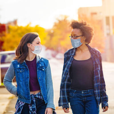 friends walking with masks