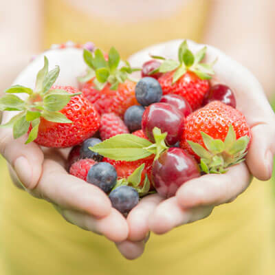 close up of hands holding berries