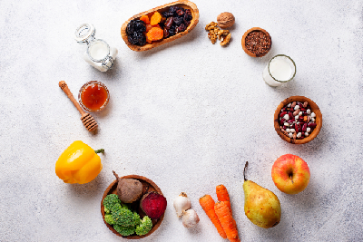 Healthy food arranged in a circle