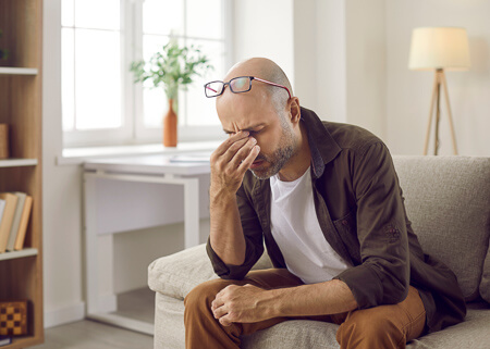 man pinching bridge of nose sitting in living room