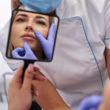 patient looking in mirror for injectables consultation