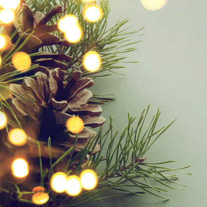 Pinecones and greenery with warm holiday lights