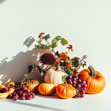 pumpkins and fall foliage on white background