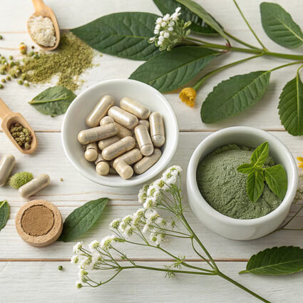 supplements and powders on a table with leaves around