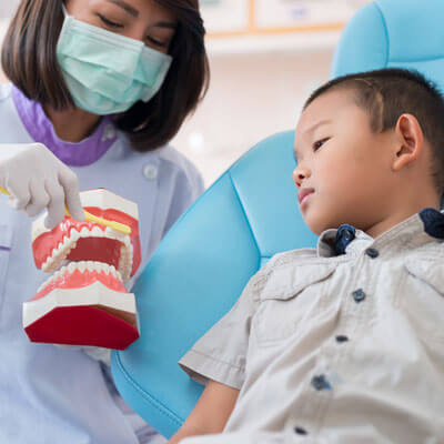 Dentist demonstrating proper brushing to little boy